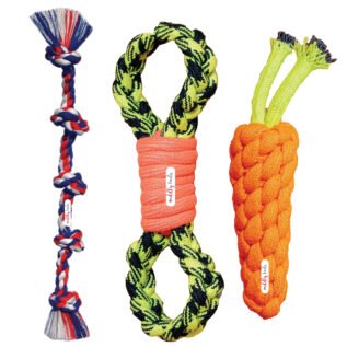 CuddlyTails Rope Toy Combo – Set of 3 (Loop, Carrot & 5-Knot) | Durable Cotton Chew Toys